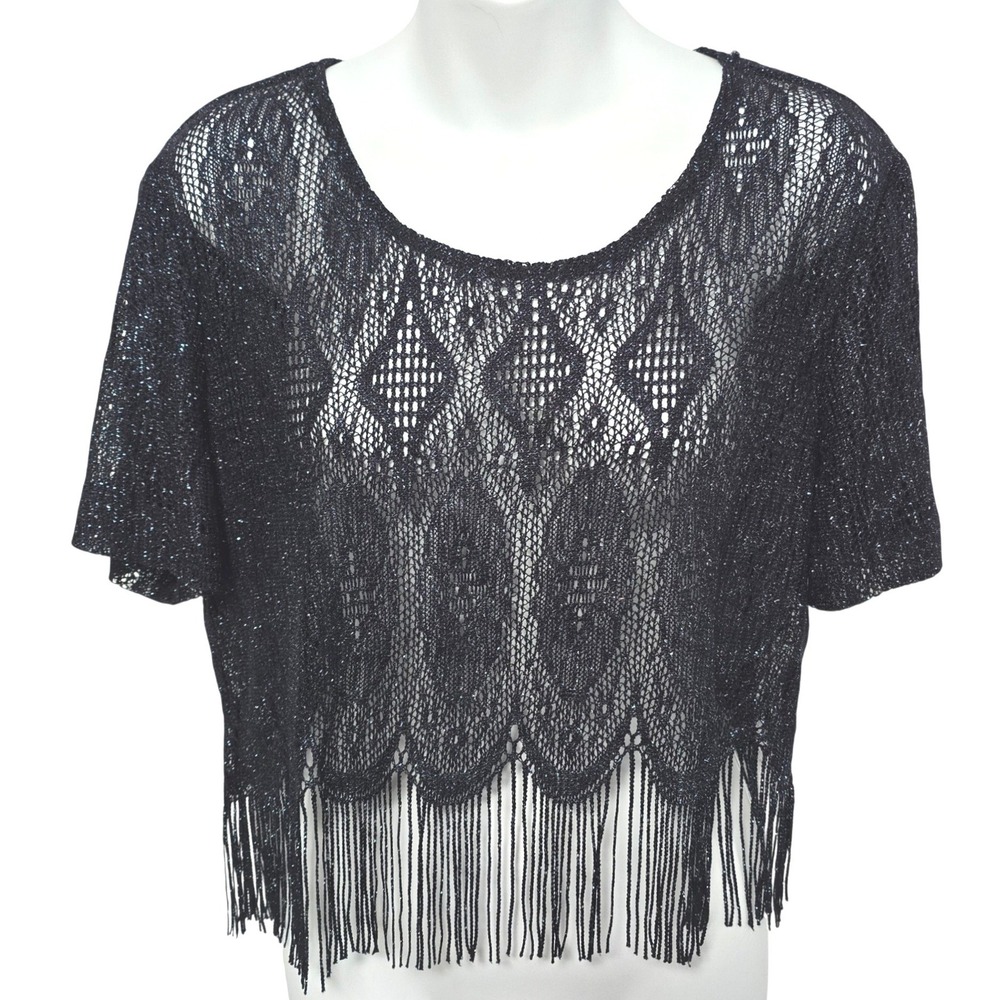 Lace Blue Metallic Knit Fringe Crop Top Sheer Shimmer Festival Shirt